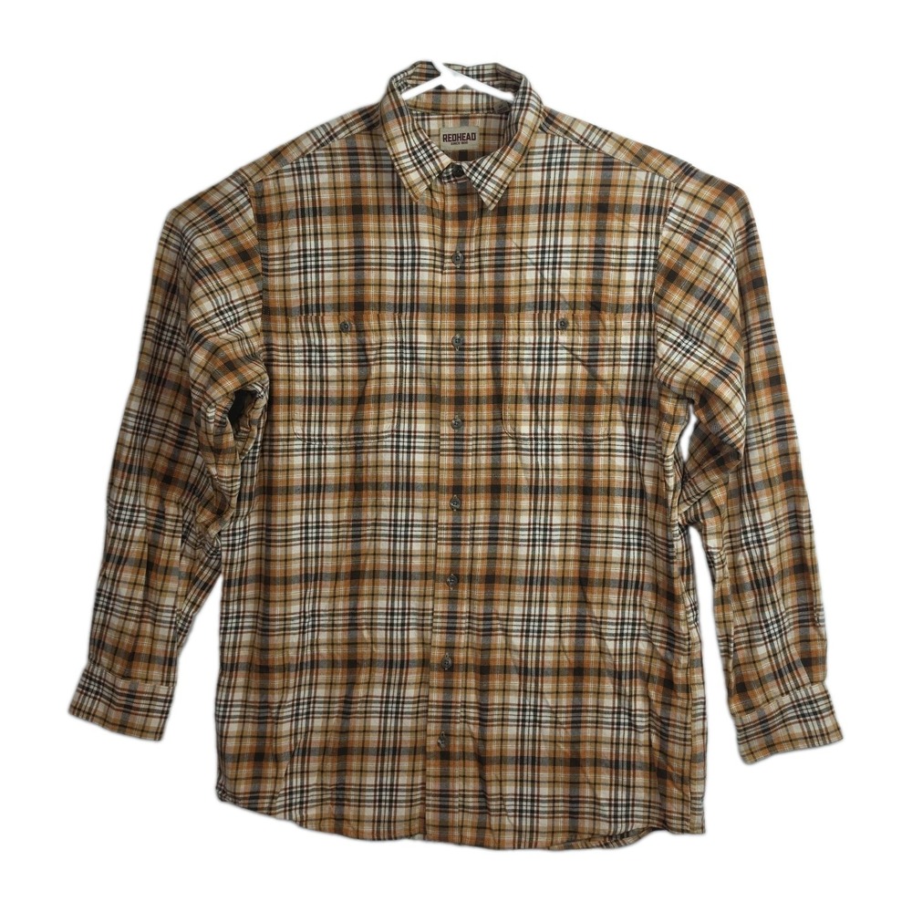 RedHead Button-Up Flannel Shirt Men's L Tall Brown/Tan Plaid Long Sleeves Collar